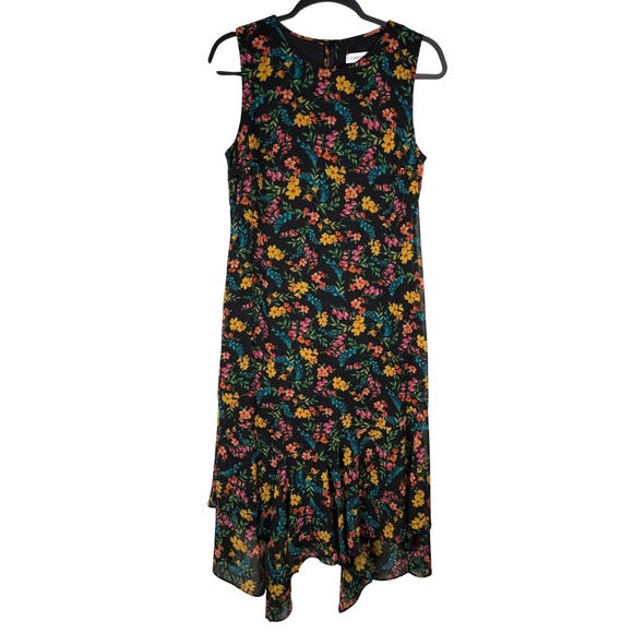 Calvin Klein Dresses & Skirts - Calvin Klein Black Floral Chiffon Midi Dress Size 8 Sharkbite Hem Wedding Guest
